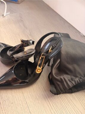 Versace Black Patent Slingback Heels with Gold Medallion Accent